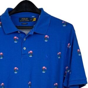Polo Ralph Lauren Mens XL ALL-OVER FLAMINGO AOP Cotton Short Sleeve Polo Blue